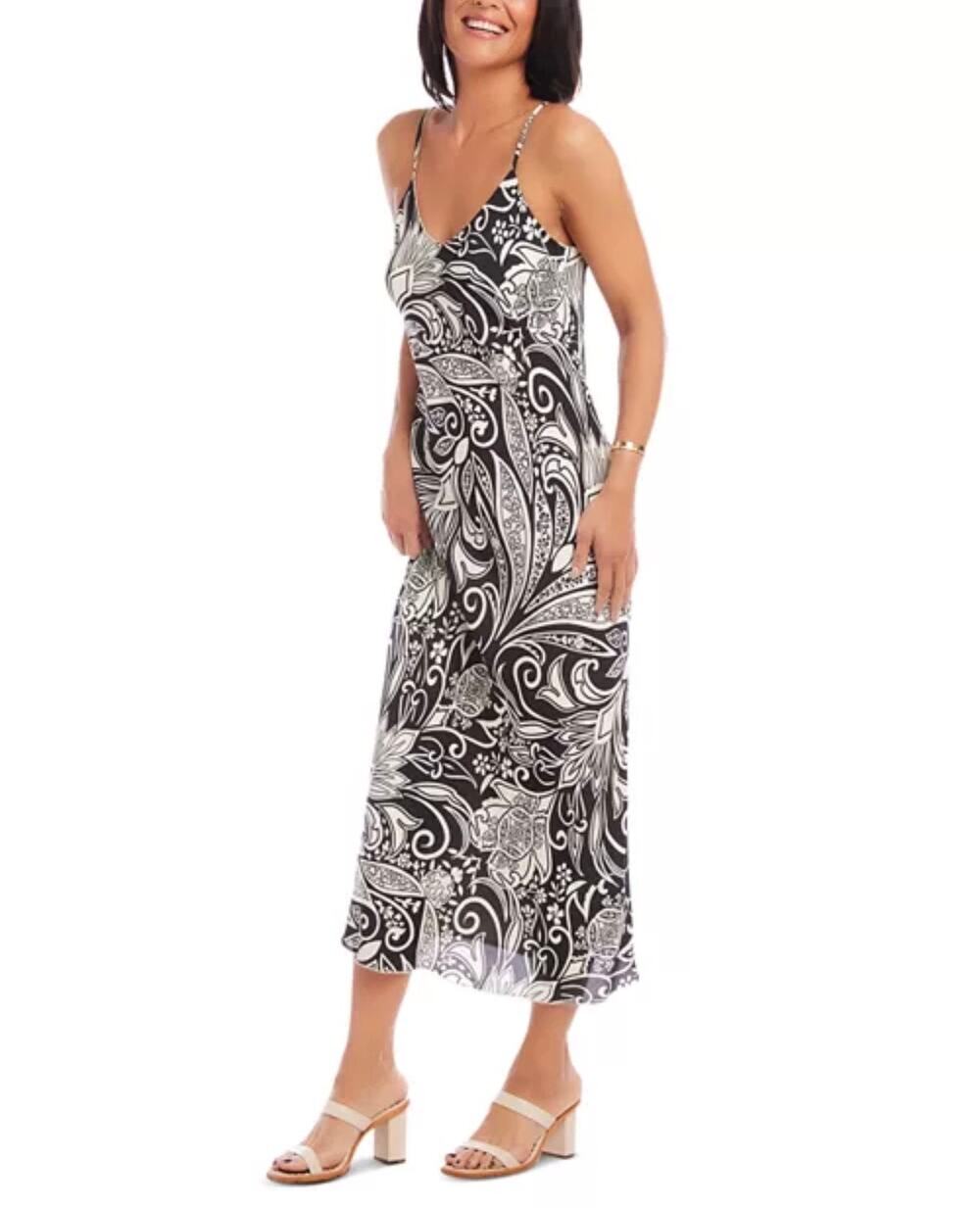 Karen Kane Paisley Print Maxi Slip Dress Black White Sleeveless Size Medium